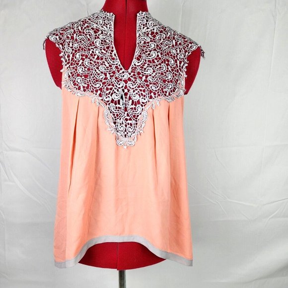 Esley Tops - Esley Brand Peach & Gray Embroidered Lace Sleeveless Blouse w/ Split Back - S